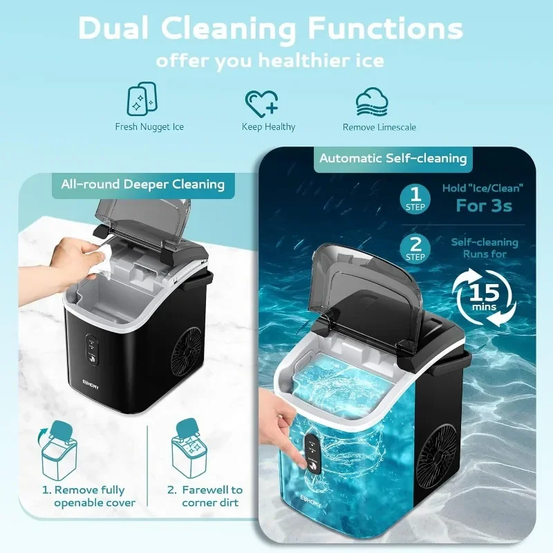 EUHOMY Nugget Ice Maker Countertop with Handle, Ready in 6 Mins, 34lbs/24H, Removable Top Cover, Portable Pebble Ice Maker