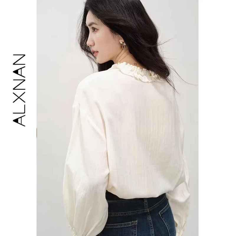 ALXNAN 여성 셔츠 러플 브이넥 타이 버튼 가을 공식 블라우스 2025 다용도 출퇴근용 여성 긴팔 탑 L57175