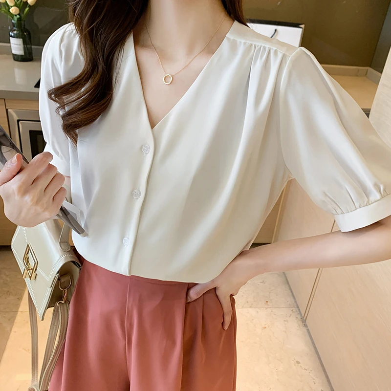 Korean Fashion V-neck Shirt Tops Women's Summer New Blouse Casual Loose Short Sleeve Slim Chiffon Blusa