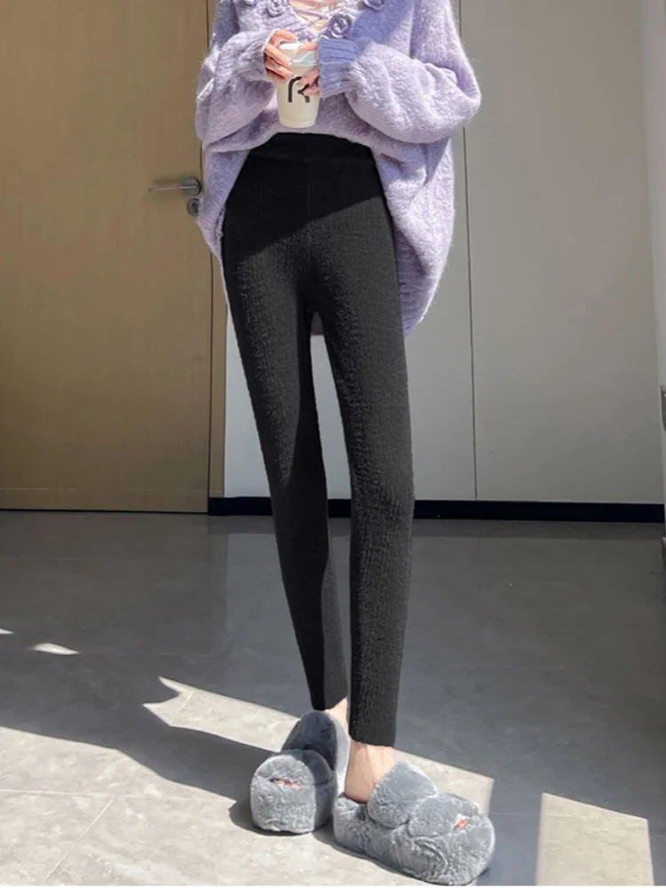 Mink FUR หนากางเกงขายาวผู้หญิงฤดูใบไม้ร่วงฤดูหนาวเอวสูงกระชับกระชับสัดส่วนขนาดเล็กสบายๆกางเกง