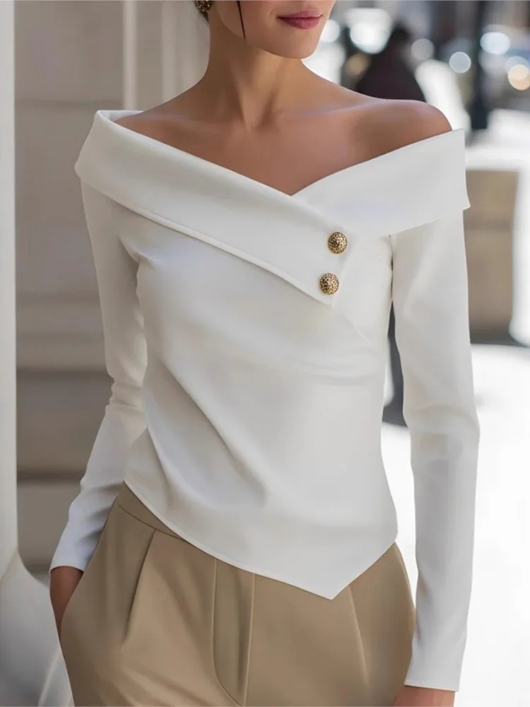 Female Elegant Foreign Style One-line Collar Top Fashion Button Design Spring Summer Temperament Versatile Shirt Ladies Blouses