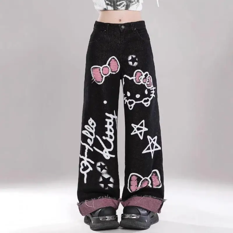 

Y2K Anime Hello Kitty Cartoon Graffiti Printed Fashion Jeans Women's Autumn Winter New Loose Wide Leg Pants Straight Trousers