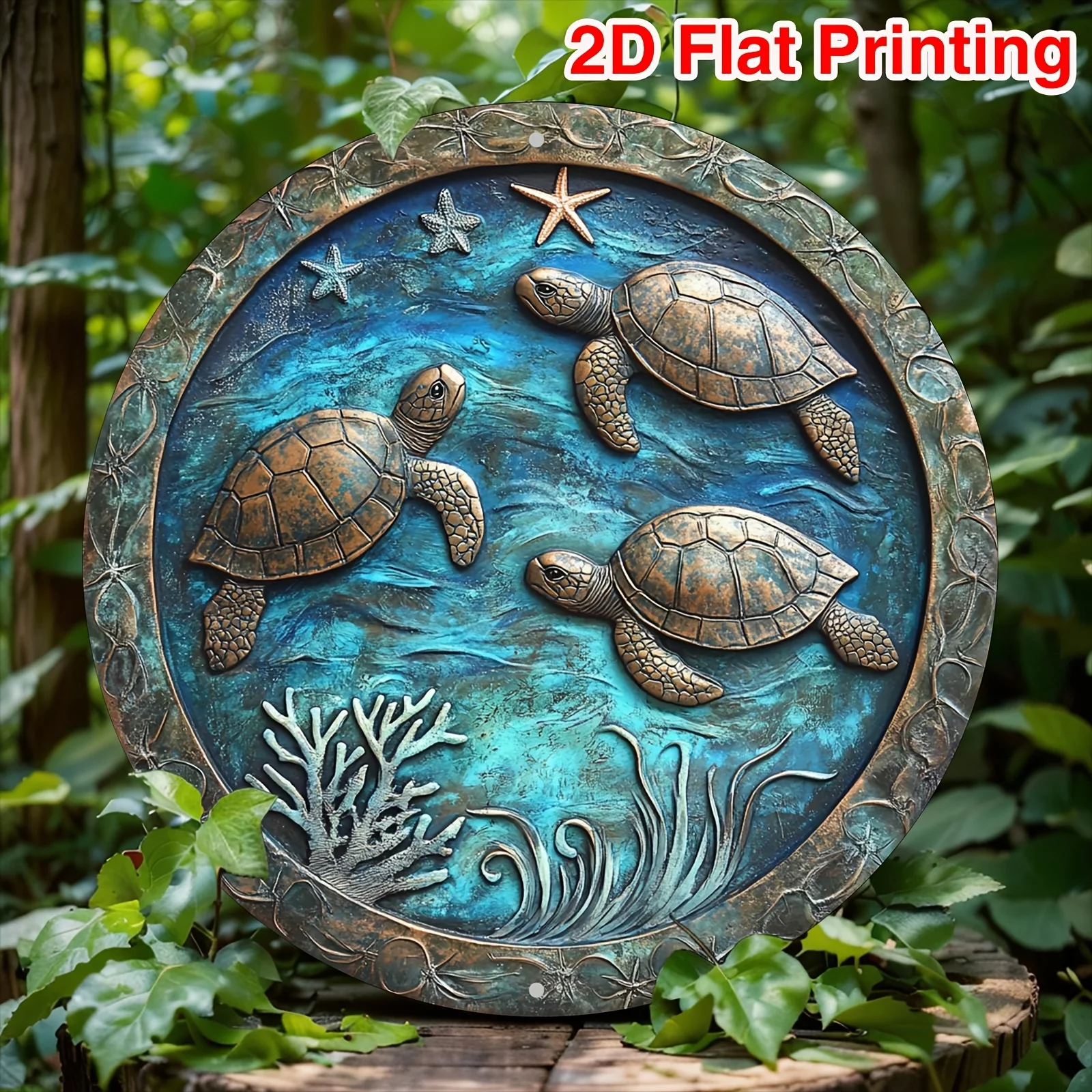 

2D Flat, Vintage Sea Turtle & Starfish 2D Aluminum Wall Art - Ocean-Themed Home Decor With Blue Waves & Coral Reef Design - Perf