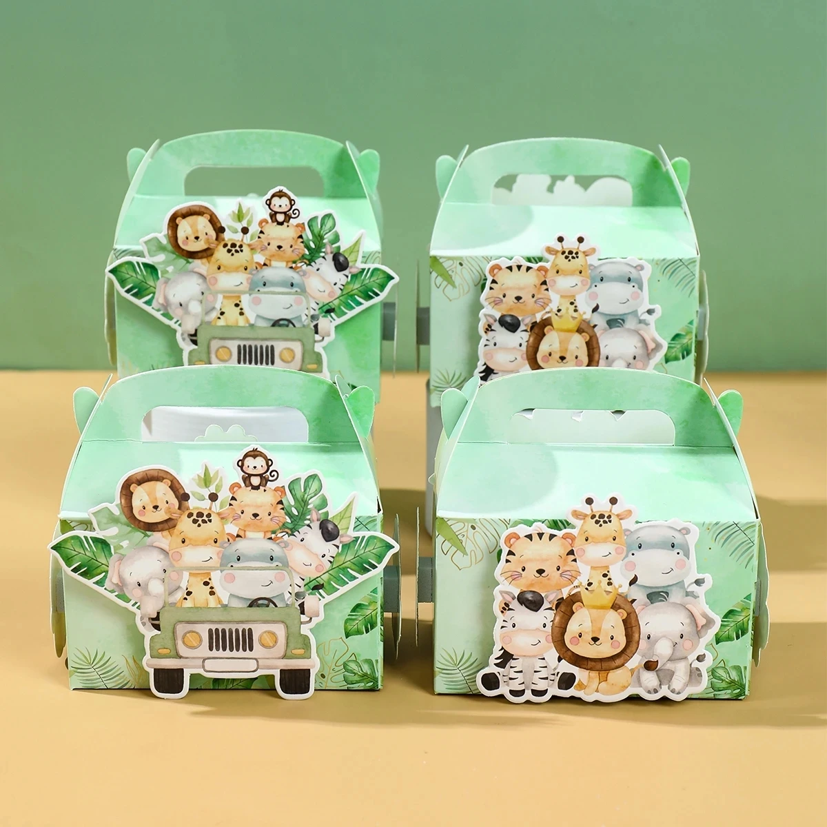 4pcs Jungle Animal Candy Boxes Safari Birthday Party Decoration Kids Gift Packaging Box Wild One Baby Shower Supplies Box Bags