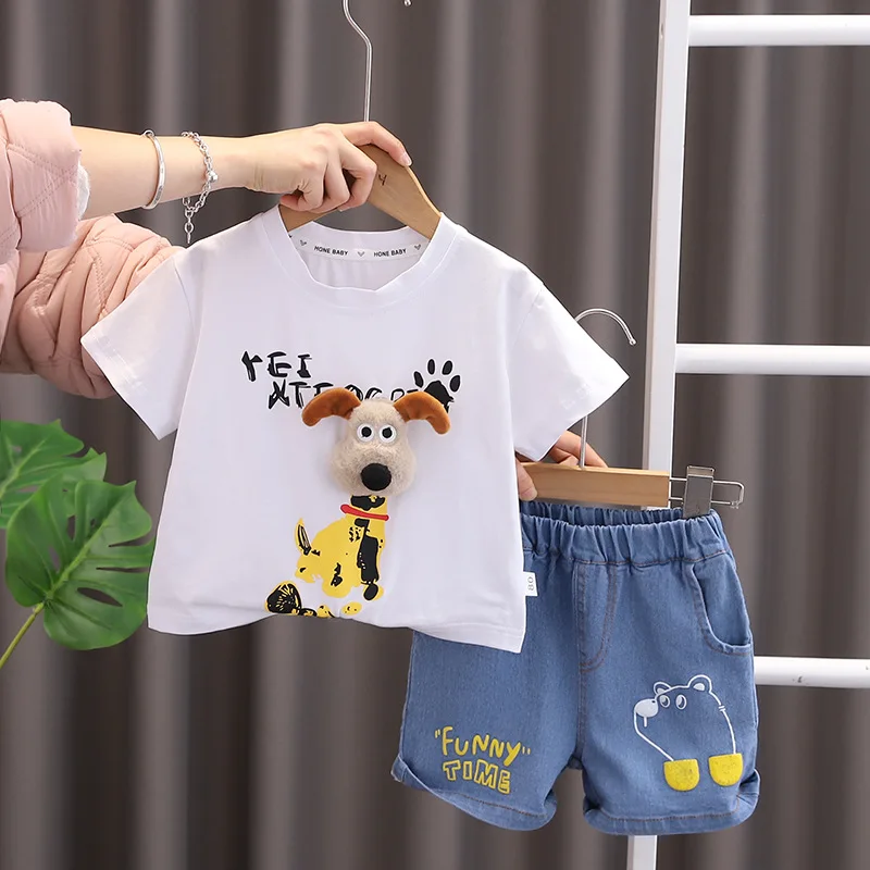 

Kids Baby Boy 2 Piece Set 2024 Summer Cartoon Dog Printed O-neck Short Sleeve T-shirts and Shorts Infant Boys Clothes Outfits