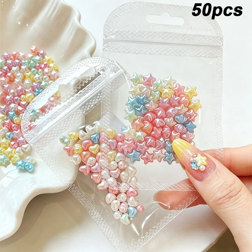50pcs Kawaii Macaron Star Heart Nail Rhinestones 3D Pearlescent Colorful Peach Heart Star Nail Charms 6.5*10mm Cute Nail Decor