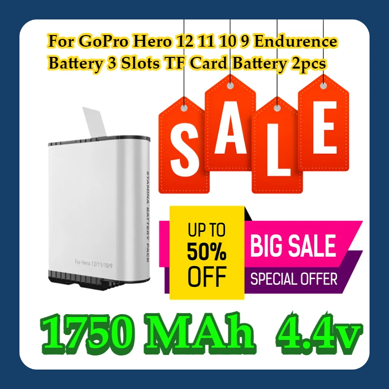 For GoPro Hero 12 11 10 9 Endurence Battery 3 Slots TF Card Battery 1750 MAh Battery  2pcs
