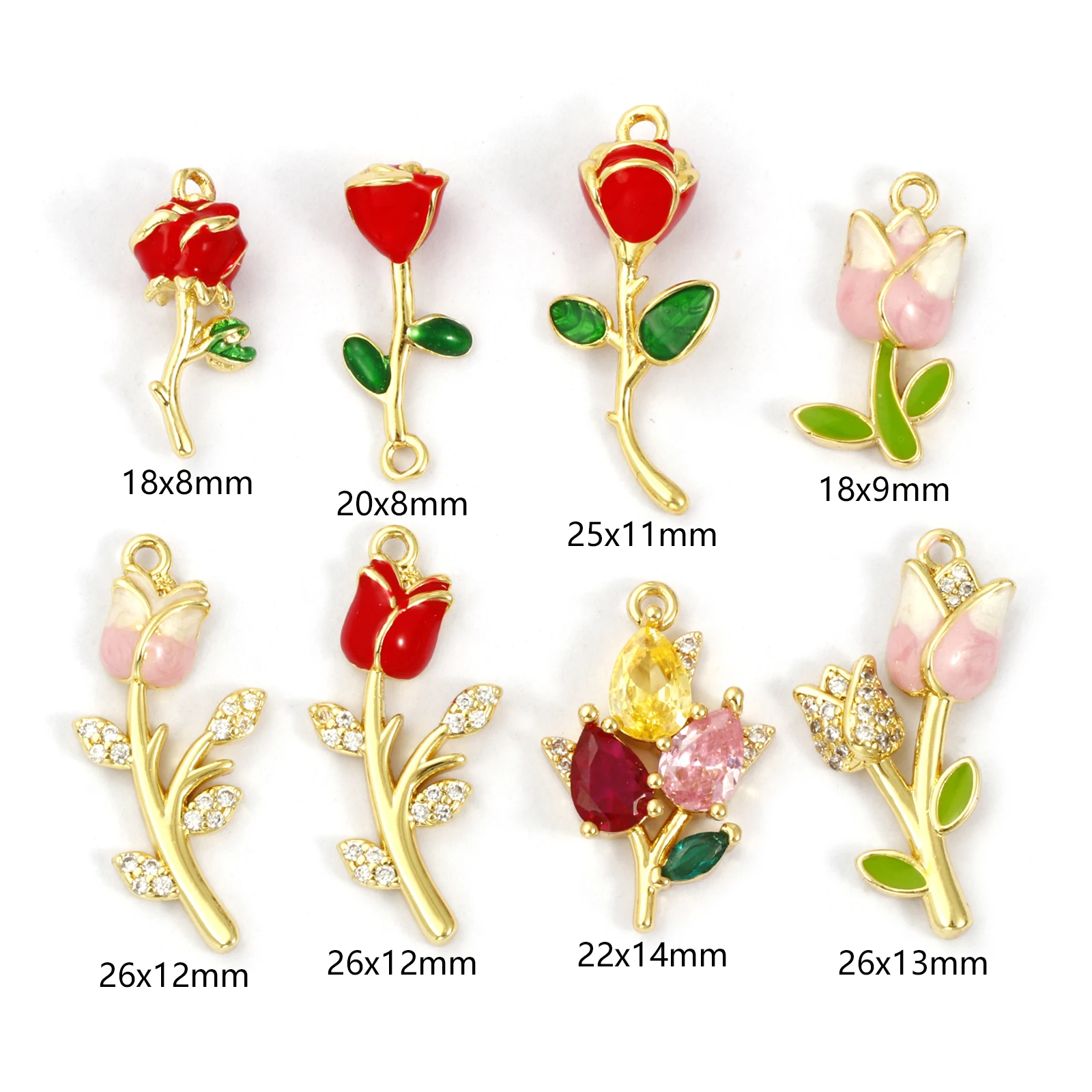 1 Piece Brass & Cubic Zirconia Charms 18K Gold Plated Enamel Flower Tulip Rose Pendant For DIY Necklace Jewelry Making Finding