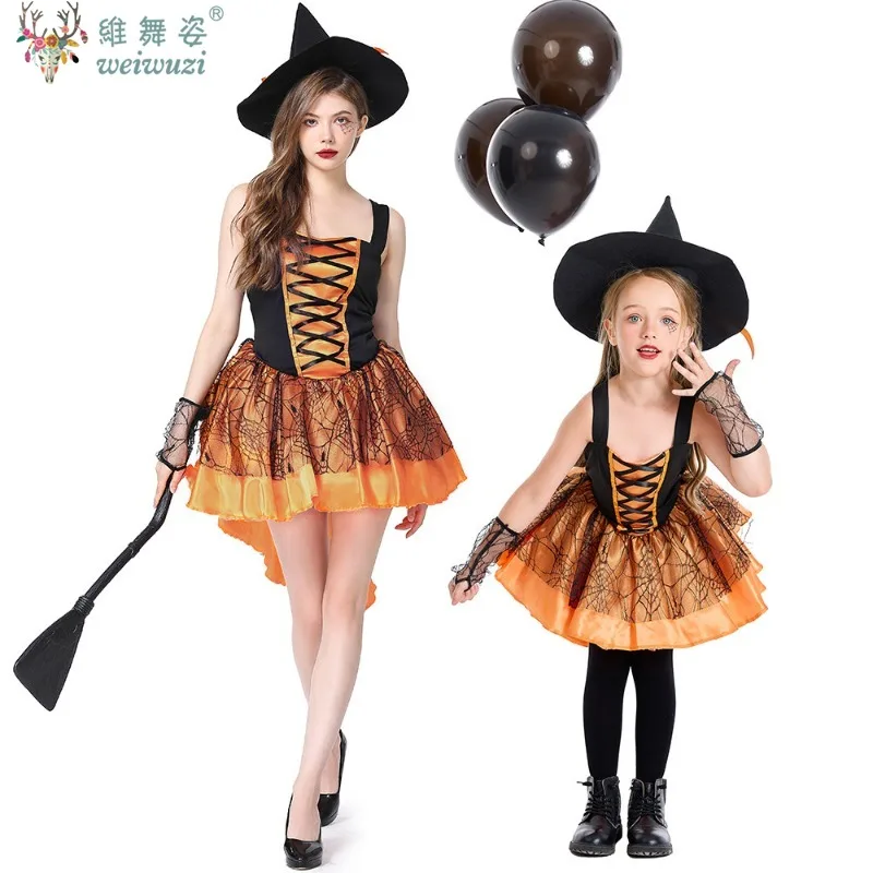 

Children's Day Halloween Girl Pumpkin Tuxedo Witch Costume Elegant Crape Magic Sorceress Playsuit Cosplay Fancy Party Dress