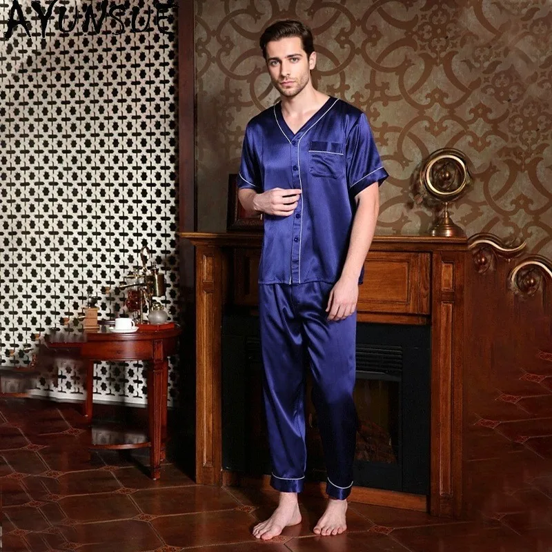 AYUNSUE Natural Mulberry Silk Pajama Sets Sleepwear Men Home Clothes Spring Summer 19MM Silk Shirt Pants Мужская Пижама