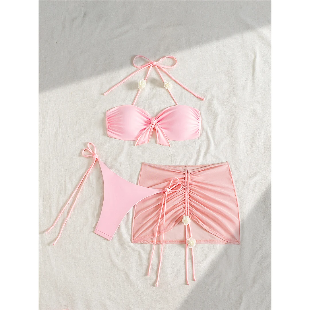 3-teiliges Set mit Rock, 3D-Blumen, Neckholder-Bikini, Damen-Badeanzug, Damen-Bademode, dreiteiliges Bikini-Set, Badebekleidung, Badeanzug, Schwimmanzug V6940 – Detail 3