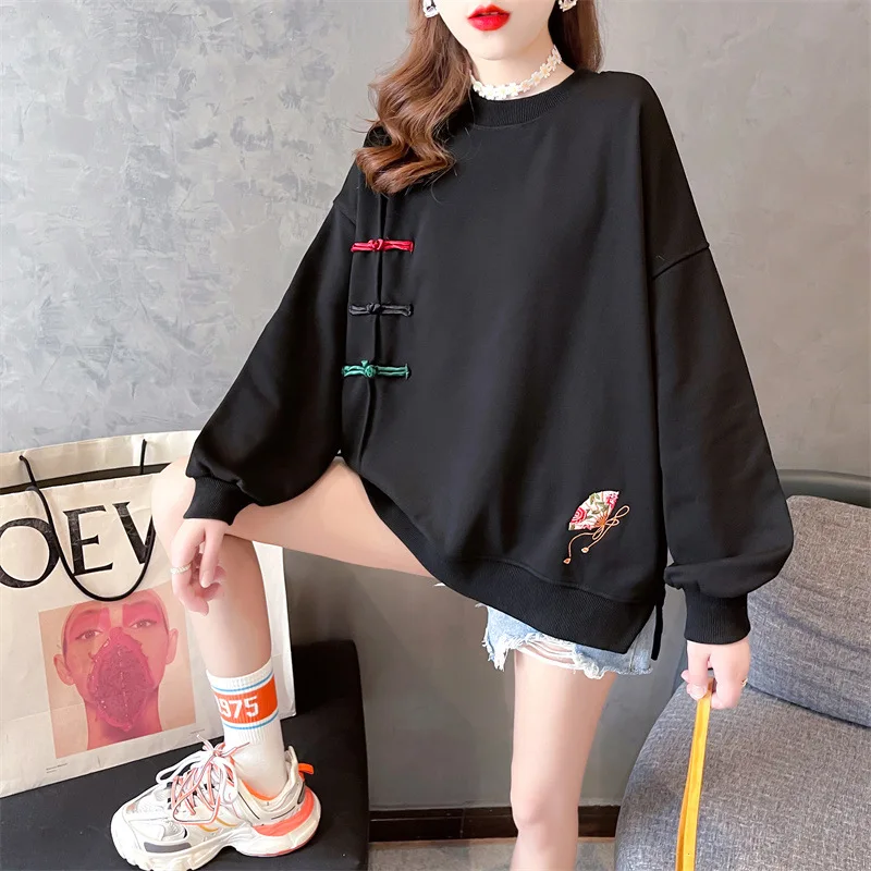 Chinese Style Pullover Sweatshirt Women Vintage Embroidery Loose Long Sleeve Pull Tops Fashion Spring Autumn Casual Sweat Shirt