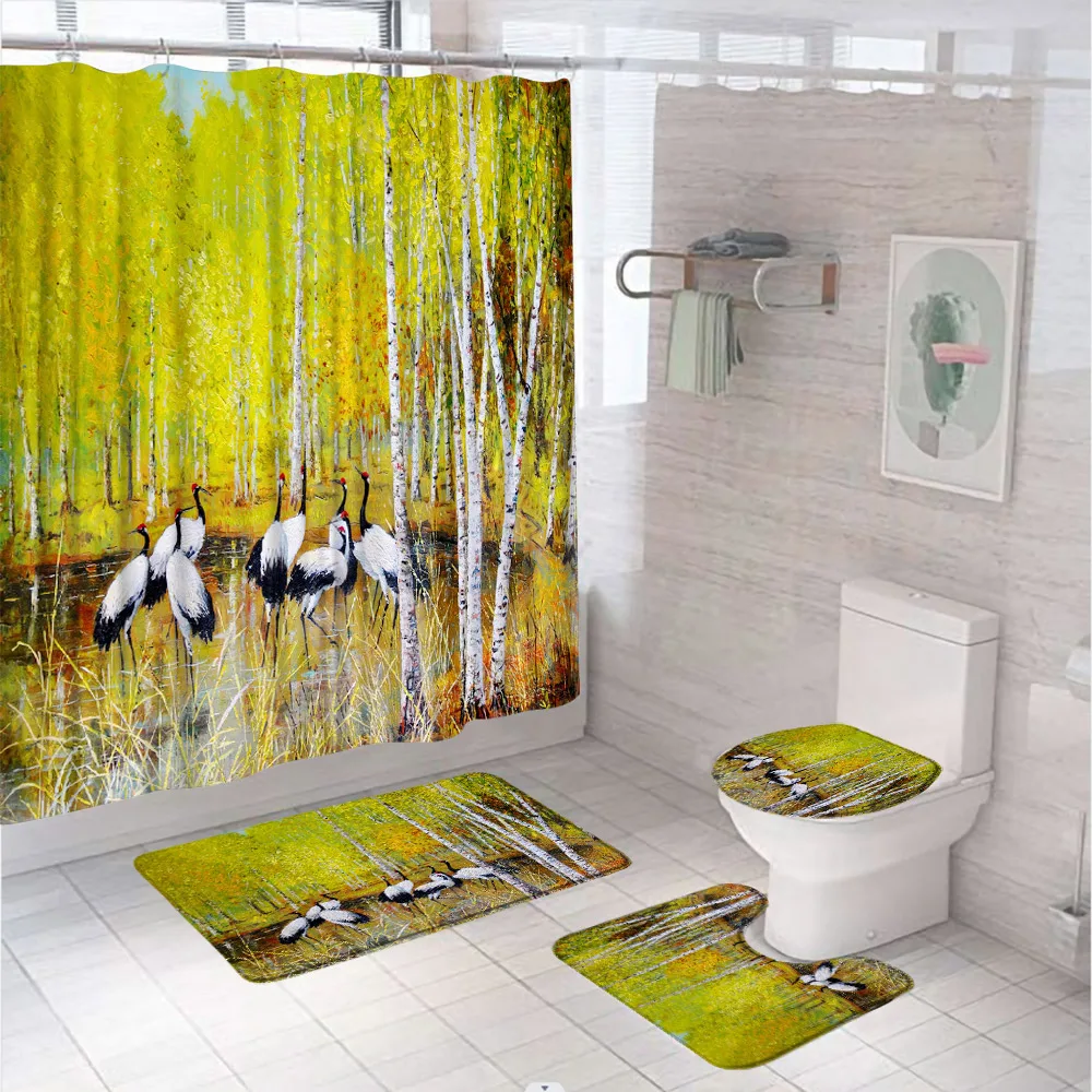 

4Pcs Oil Painting Forest Crane Bathroom Shower Curtain Sets Autumn Lake Animal Screen Doormat Bath Mat Rug Lid Toilet Cover Home