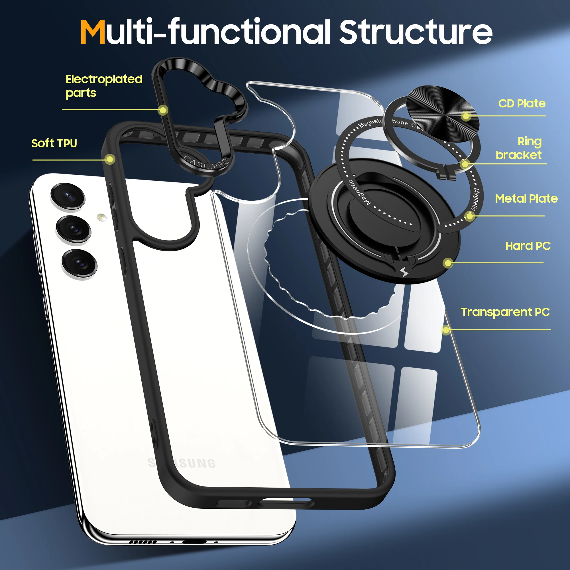 Clear metal ring holder magsafe charging phone case For Samsung Galaxy A15 A35 A55 5G metal camera frame shockproof hard cover view 4