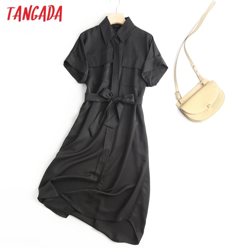 Tangada 2023 Women Elegant Khaki Shirt Dress With Slash Short Sleeve Office Ladies Chiffon Midi Dress 6D235X