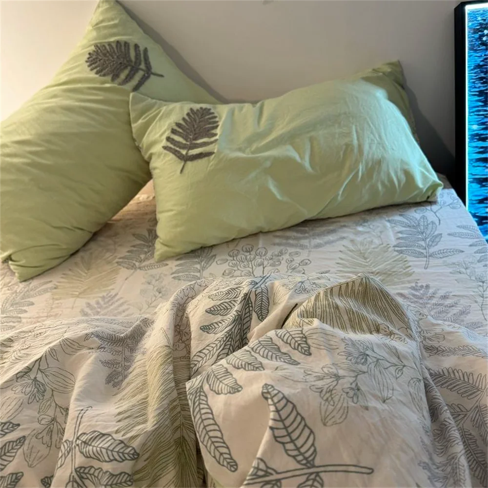 Countryside Forest Duvet Cover Green Leaf Embroidered Quilt Set Four Piece Set Clearance Style Small Fresh Bed Set