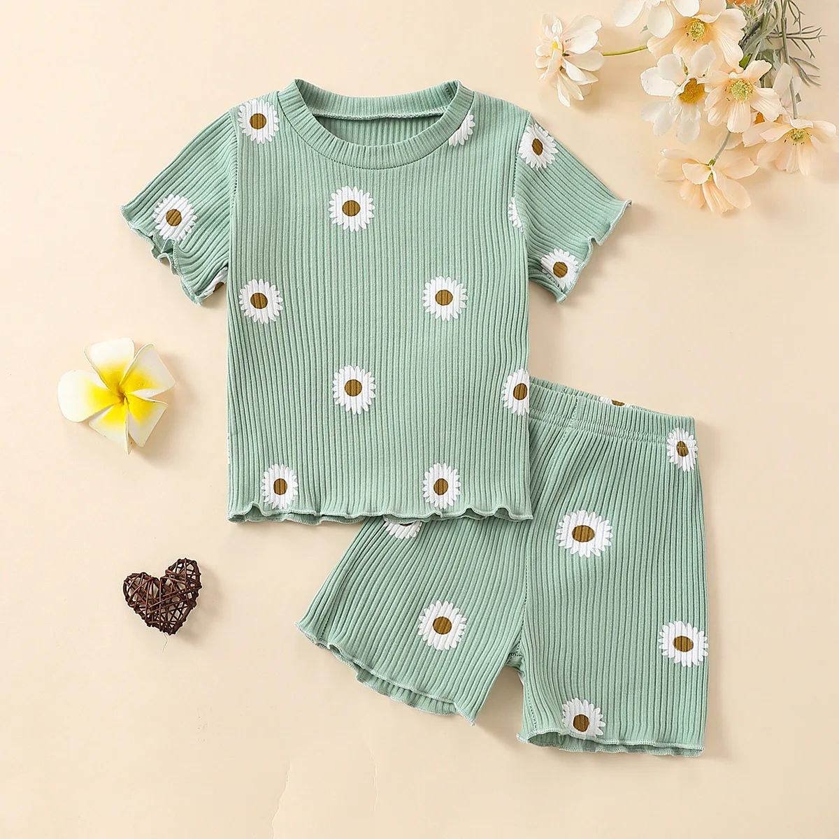 Summer Neutral Infant Short Sleeve T-Shirt Flower Printed Top and Shorts Two-piece Casual