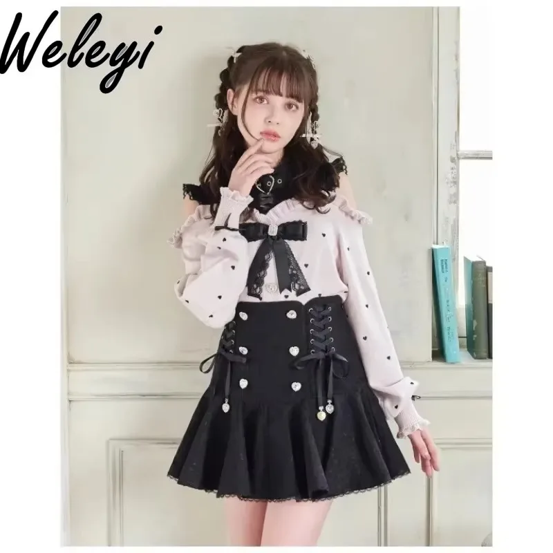 Pink Jirai Kei Love Buckle Skirts Faldas Para Mujeres Mine Three Dimensional Lace Composite Double-breasted Bandage Bow Skirt