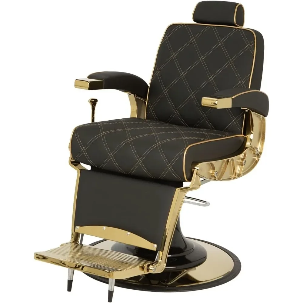 

Barber Chair, Barber Chair With Stunning Gold Metal Frame, Gold Diamond Stitching & Gold Piping, Extra Wide Seat, Barber Chair