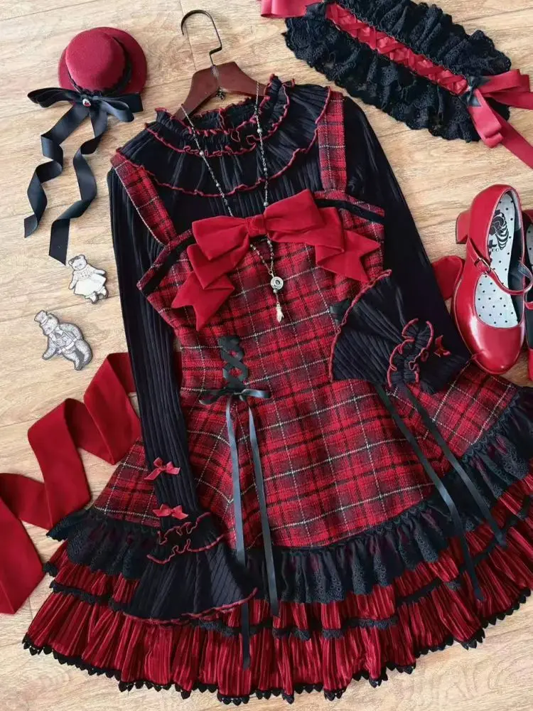 

Винтажное новое рождественское платье Лолиты, женский дизайн, элегантный кавайный лоскутный костюм с бантом, красный клетчатый костюм, женский темный академический комплект из 3 предметов