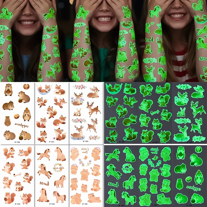 

6 шт., временная татуировка с изображением животных, наклейка, светящийся медведь, лиса, олень, белка, водостойкая татуировка, наклейка, боди-арт, поддельная татуировка