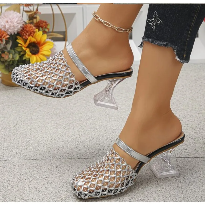 Fashion Women's Woven Mesh Chunky Heels Sandals 2026summer Women Mueller High-heeled Slippers New Crystal Heel Party Dress Shoes