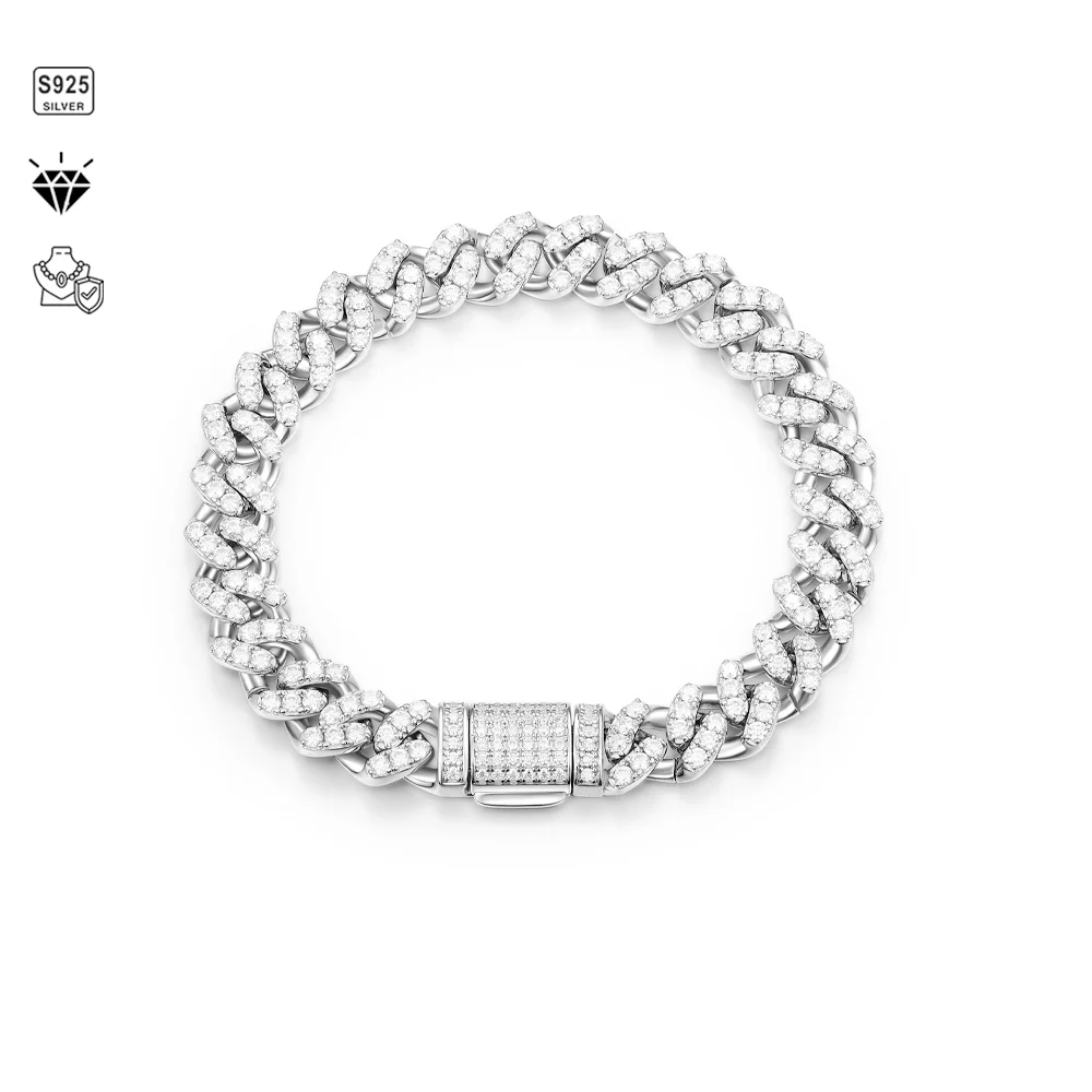 1pc S925 Sterling Silver with Moissanite 12mm Cuban Bracelet for Men and Women | Gemstone Jewelry | Gifts for Him | Gifts for He