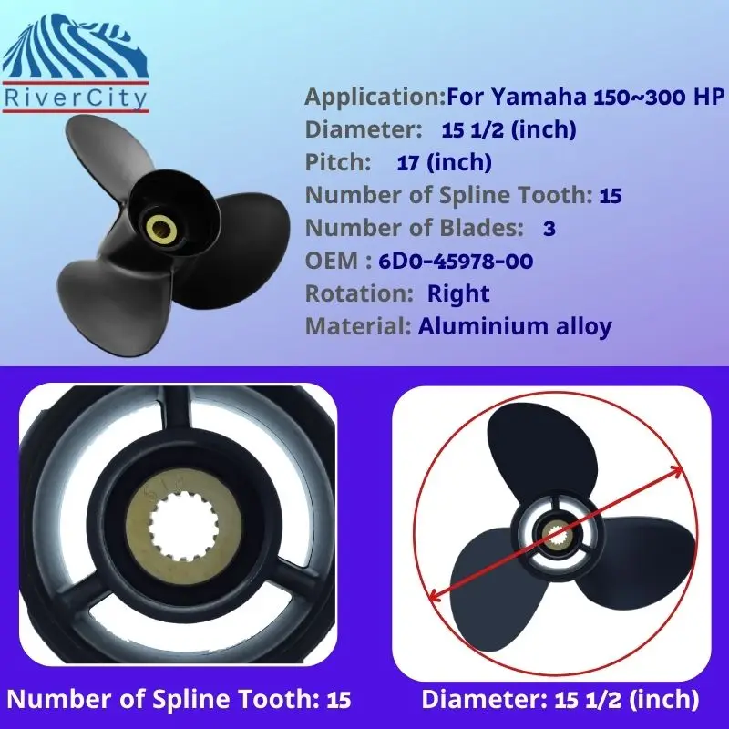 Śmigło zaburtowe Yamaha 150 KM 160 KM 170 KM 180 KM 190-300 KM 15 1/2x17 Śruba aluminiowa do łodzi 3 ostrza 15 Spline Marine Engine