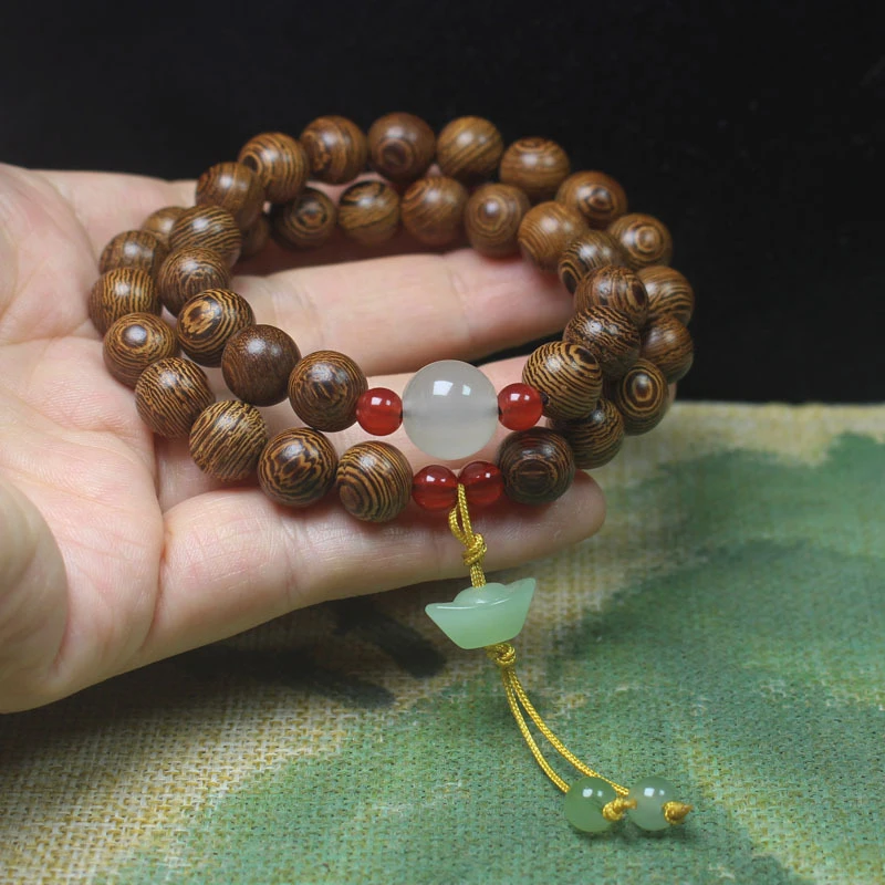 Chicken Wing Wood 10mm Double-Circle Bracelet with Ingot Pendant, Wooden Handheld Buddhist Prayer Beads, Cultural Item