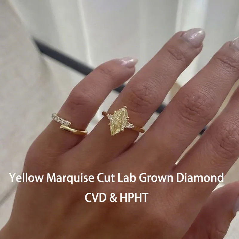 2.0 Ct Yellow Marquise Cut Lab Grown Diamond Ring Engagement Three Stone Ring For Her Anniversary Sparkling Gift