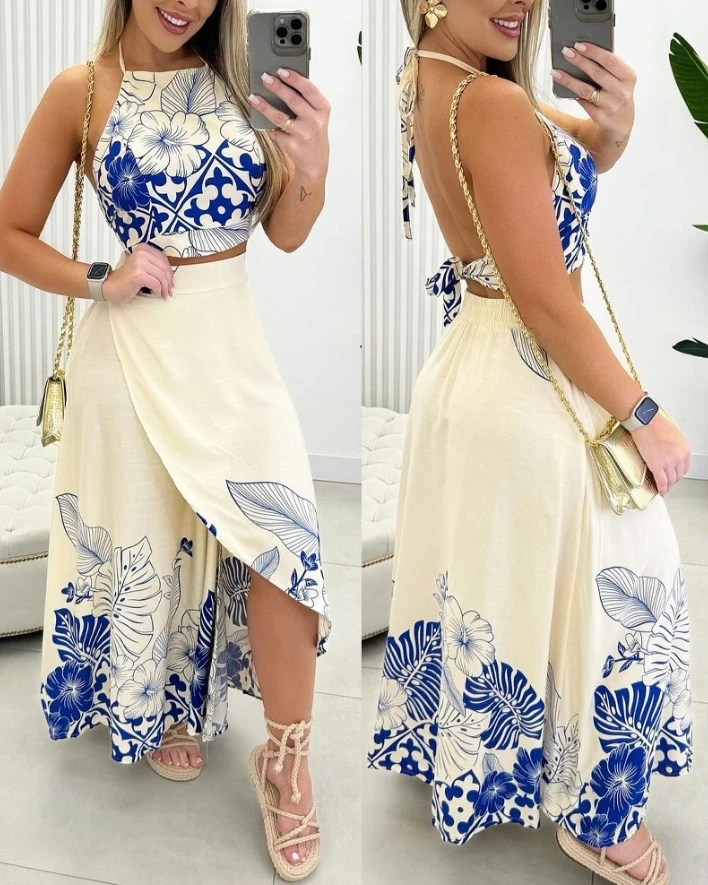 

Womens Summer Vacation Casual Two Piece Set Tropical Print Tie Details Halter Sleeveless Crop Top and Slit A-line Maxi Skirt Set