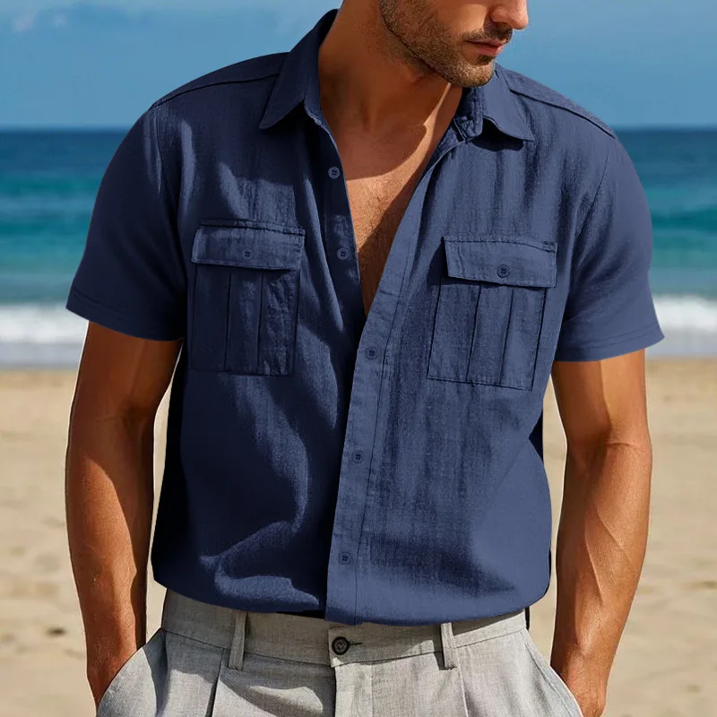 Men's-Summer-Cargo-Short-Sleeve-Shirt-Loose-Collared-Short-Sleeve-Shirt-With-Pocket-Linen-Shirt-Man-Daily-Tops-Shirts-For-Men