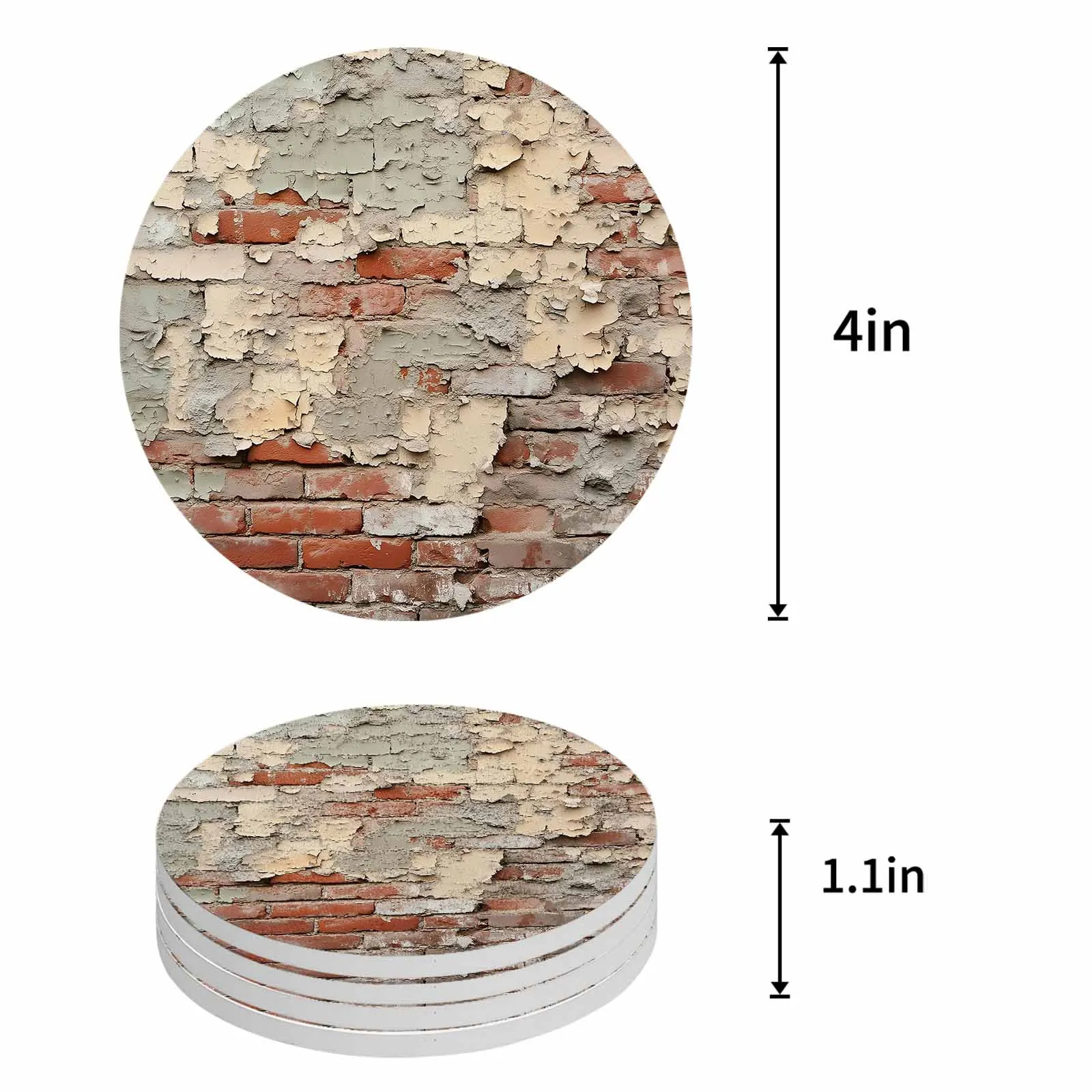 벽돌 벽 세라믹 코스터 세트, 오래되고 바랜 주방 테이블, 라운드 플레이스 매트, 고급 장식, 커피 차 컵 코스터