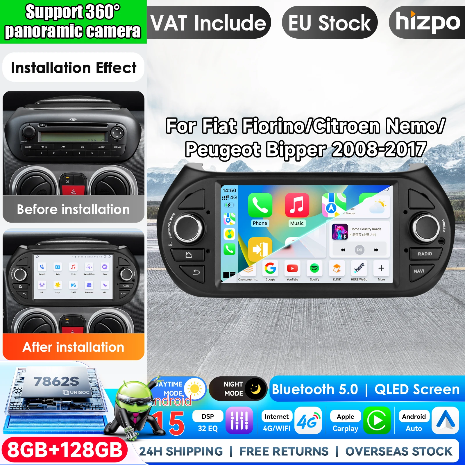 Hizpo Autoradio sans fil CarPlay Android Auto 7 pouces pour Fiat Fiorino Qubo pour Citroën Nemo 2 pour Peugeot Bipper 2008-2017 Systèmes intelligents multimédias sans fil Apple CarPlay Écran tactile IPS Lecteur vidéo stéréo 2Din Autoradio Navigation