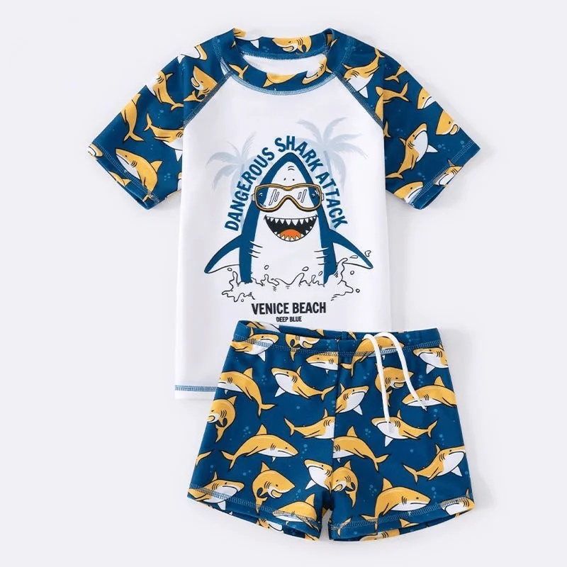 Baby Boy Swim Suit Toddler Child Top+Shorts 2PCS Shark Carton Print Swimwear Short Sleeve Bathing Suit Summer Swim Clothes 3-14Y