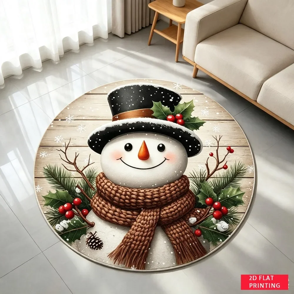 Merry Christmas Round Area Rug Santa Claus Deer Xmas Tree Snow Non Slip Floor Mat Circle Carpet for Living Room Bedroom Decor