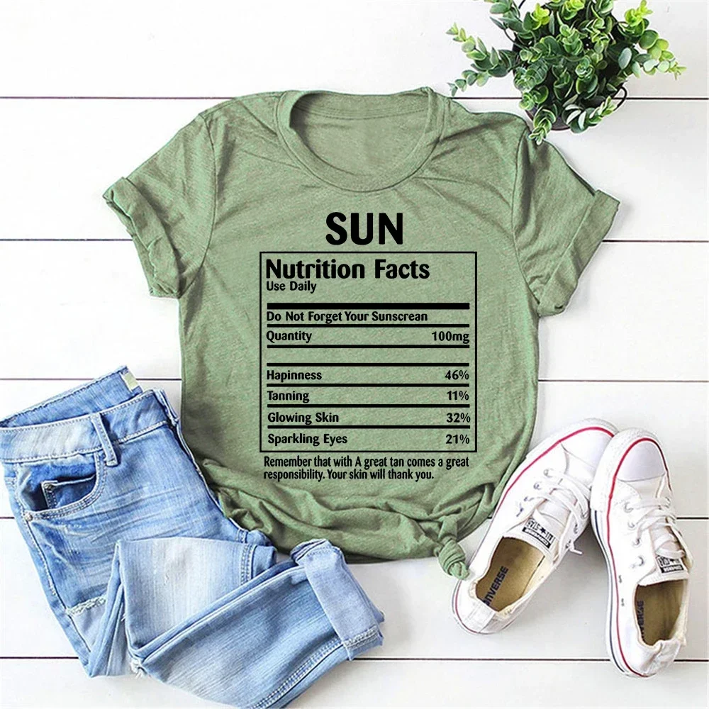 2024 Cotton Summer Sun Nutrition Facts T-Shirt Funny Graphic Tee Women Casual Workout Tops Ulzzang Plus Size Shirts Tumblr Tee