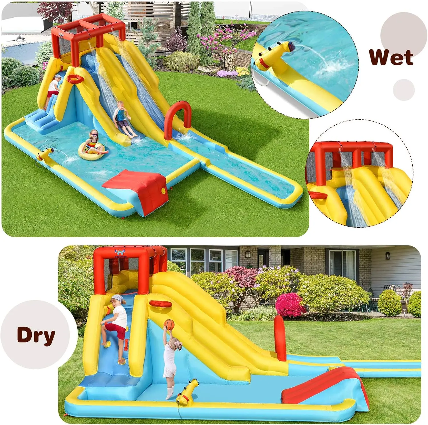Corrediça de água inflável, slides duplos, parque de corrediça de água para crianças, castelo inflável com 2 anéis de natação, ventilador, grande piscina de respingo, parte traseira