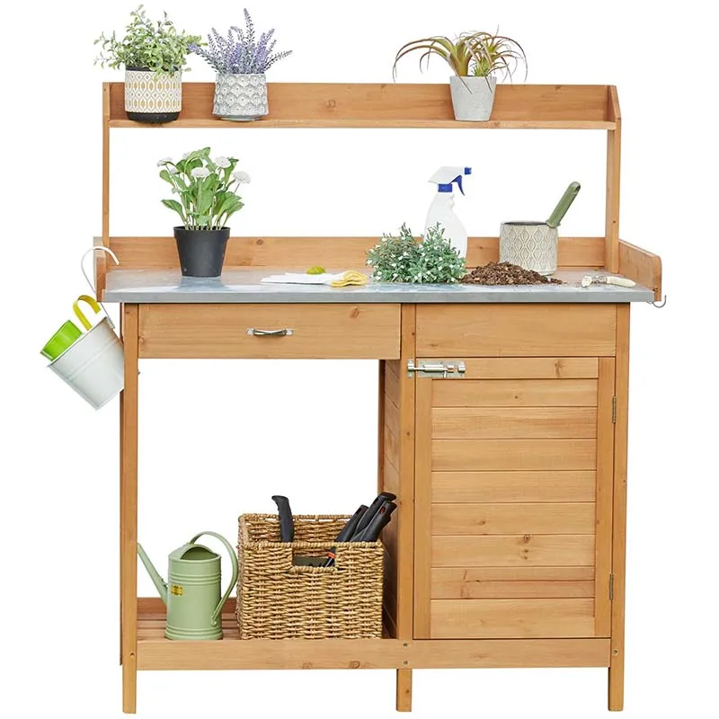 Wood Outdoor Storage Cabinet Outdoor Garden Potting Bench Table Work Bench Metal Tabletop Flower Pot Garden Bench