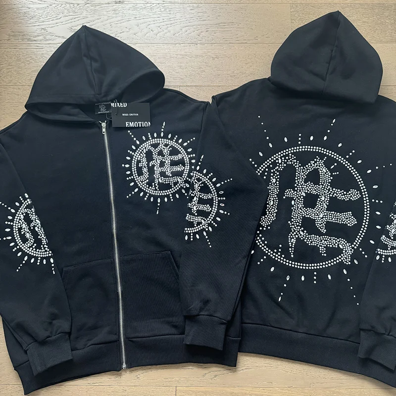 

Американская толстовка свободного кроя на молнии с блестками и стразами в стиле ретро, хип-хоп, из чистого хлопка, для молодежи и мужчин