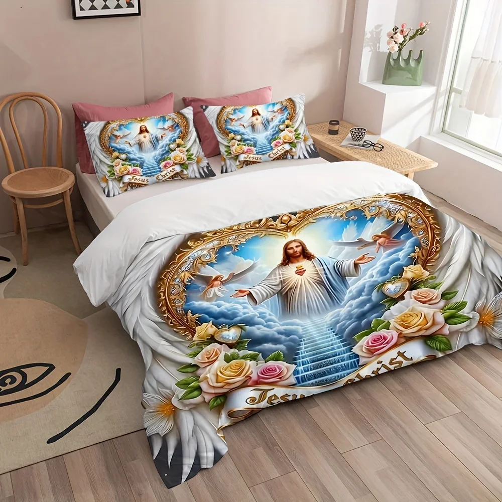 Sacred Devotion Wings Cross Flower Angel Jesus Door to Heaven Bedding Set Digital Print Quilt Cover Set Zipper Design