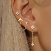 3PCS Stainless Steel Crown Chain Tassel Zircon Drop Earring Flower Ear Stud For Women Unique Earrings Cartilage Piercing Jewelry