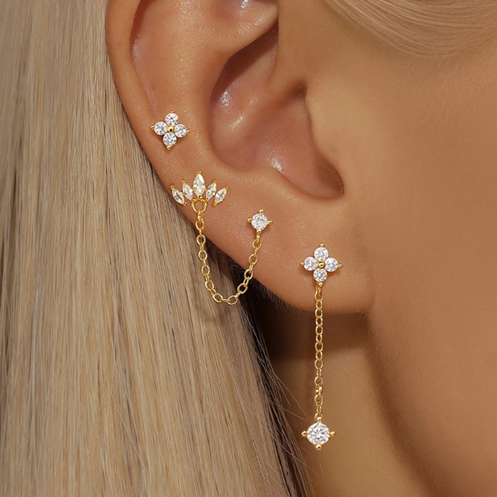 3PCS Stainless Steel Crown Chain Tassel Zircon Drop Earring Flower Ear Stud For Women Unique Earrings Cartilage Piercing Jewelry