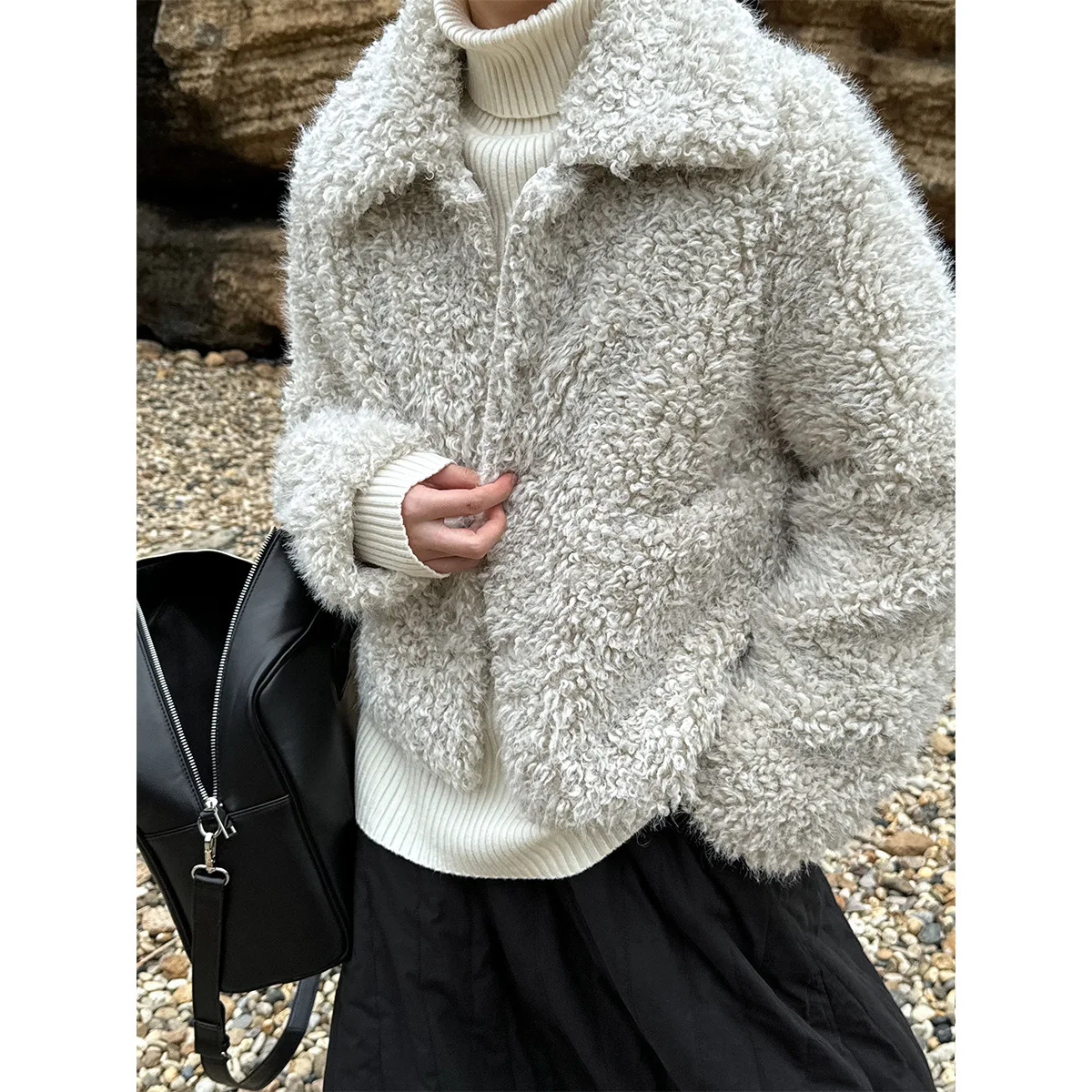 Lamb Fur White Shearling Jacket Women's Autumn Winter 2024 Short Lapel Plush Jacket Thickness