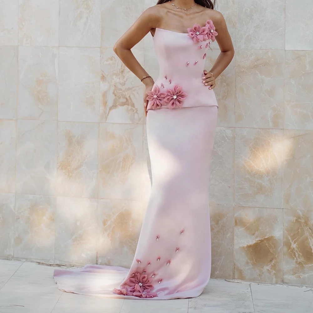 

Customized Mermaid Evening Dresses Floor-length Strapless Sleeveless Prom Gown Fashion Flowers Crystal Backless Party Gown