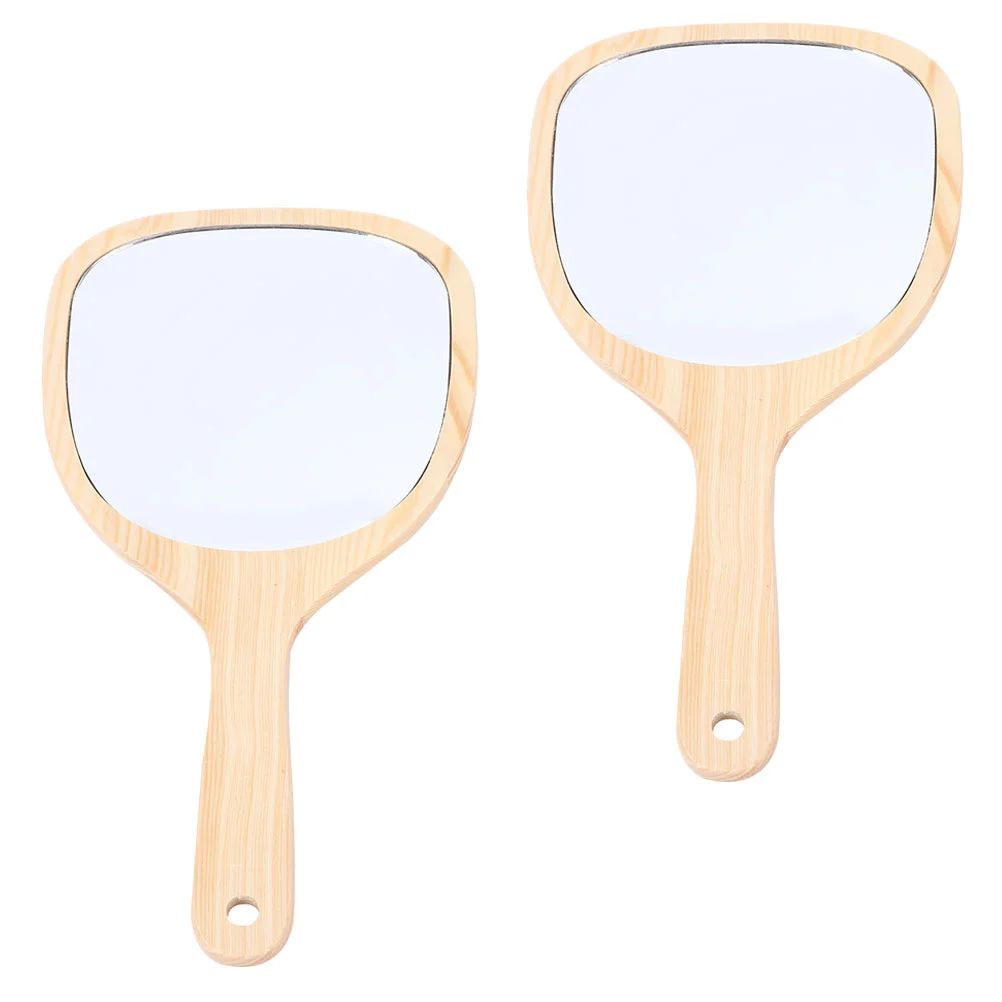 

2 Pcs Wooden Handle Mirror Outdoor Decor Mirrors Travel Makeup Desk Vintage