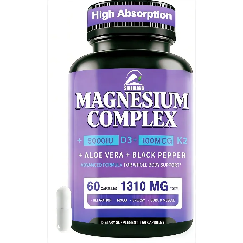 Suplemento de compuesto de magnesio 1310mg - glicina, ácido malico y ácido cítrico, aloe vera, vitamina D3, K2, pimienta negra - 60 cápsulas