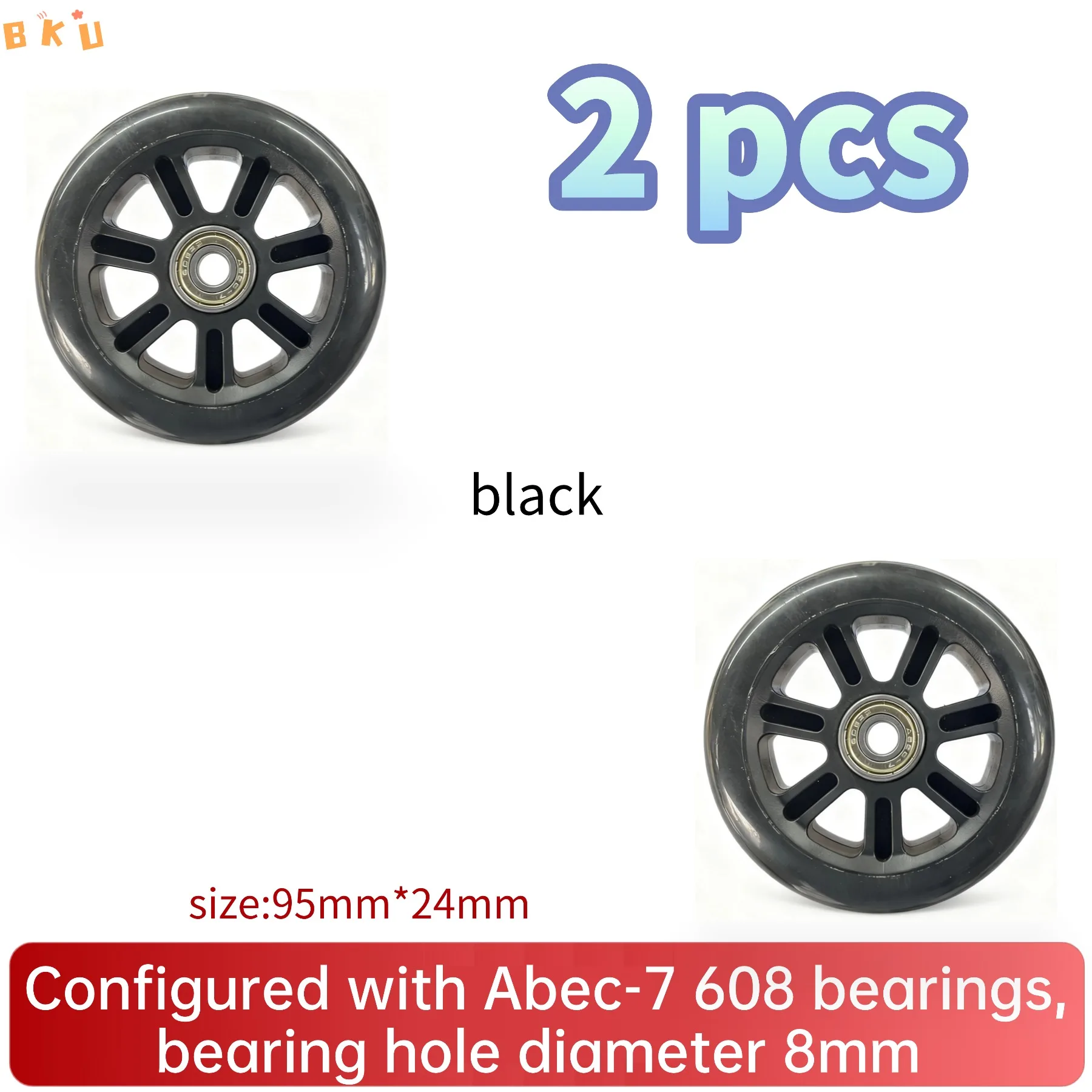 95mm PU Wheels 2-Pack with Bearings - Universal for Inline Skates, Kick Scooters & Strollers