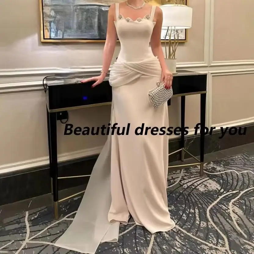 

Formal Party Dress Square Neck Crystal Jersey Floor Length Straight Evening Dresses with Detachable Train Prom Gown Customized
