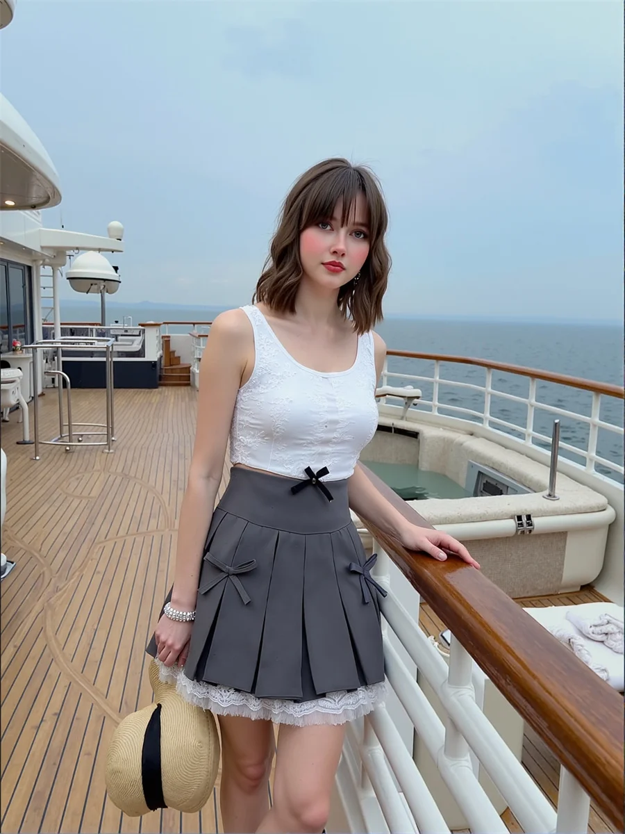 

Pleated Bow Skirts Womens Trendy Flowy Patchwork High Waist Elegant Ruffled Mesh Layered Chic Midi Simple